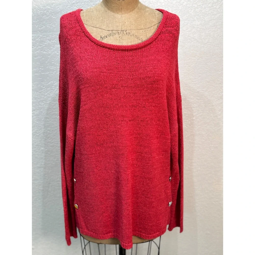 Grace Red Knit‎ Sweater Button Detail Long Sleeve Round Neck Pullover Casual XL